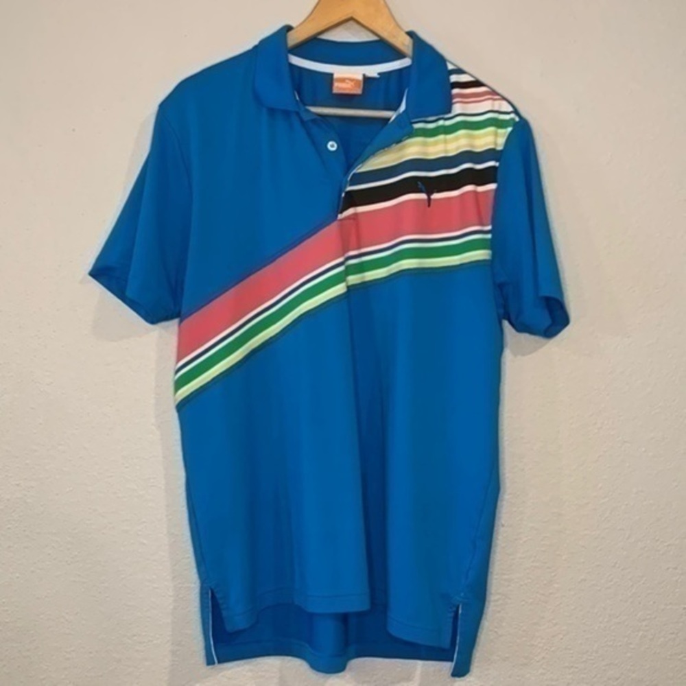 Puma Sport Life Style Performance polo shirt multi stripe teal blue S